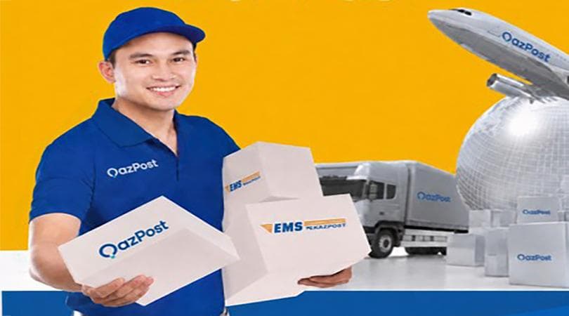 QazPost courier holding EMS parcels